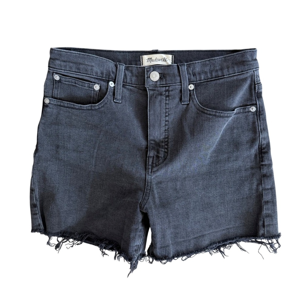 Madewell Womens High Rise Denim Shorts Faded Black Raw Hem Size 26/27 Distressed